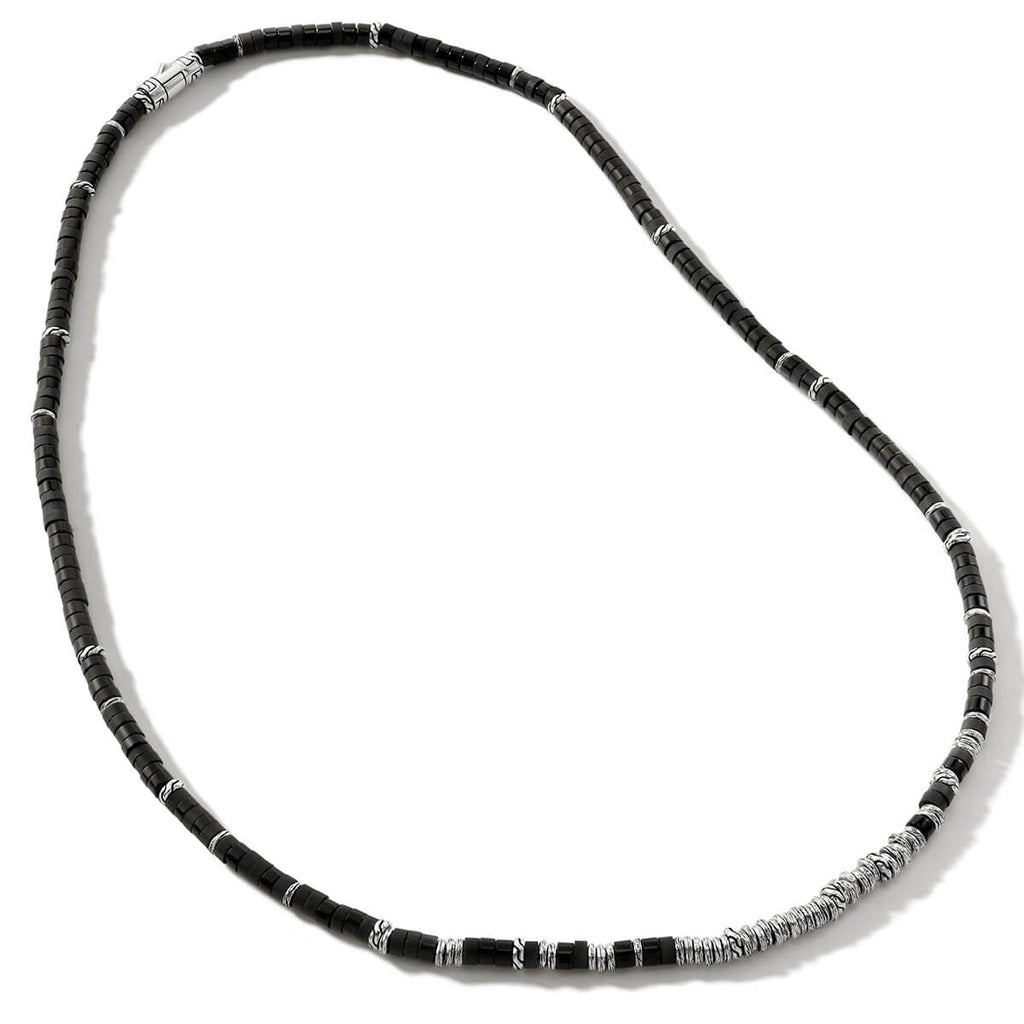 John Hardy Heishi Bead Men's Necklace Thin Width Black Onyx & Silver